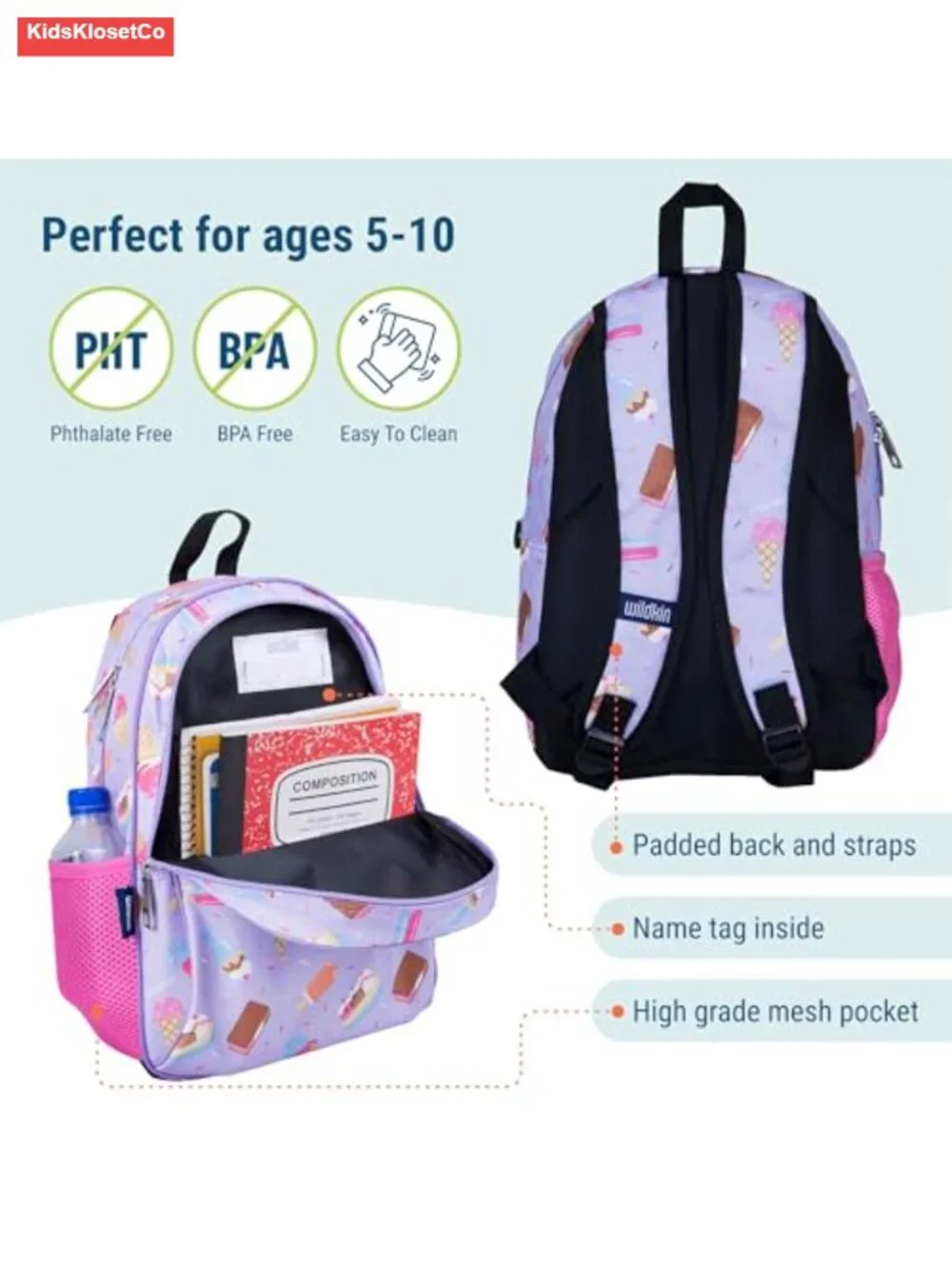 Kids 15 Inch Backpack for School, Polyester, Adjustable Padded Straps